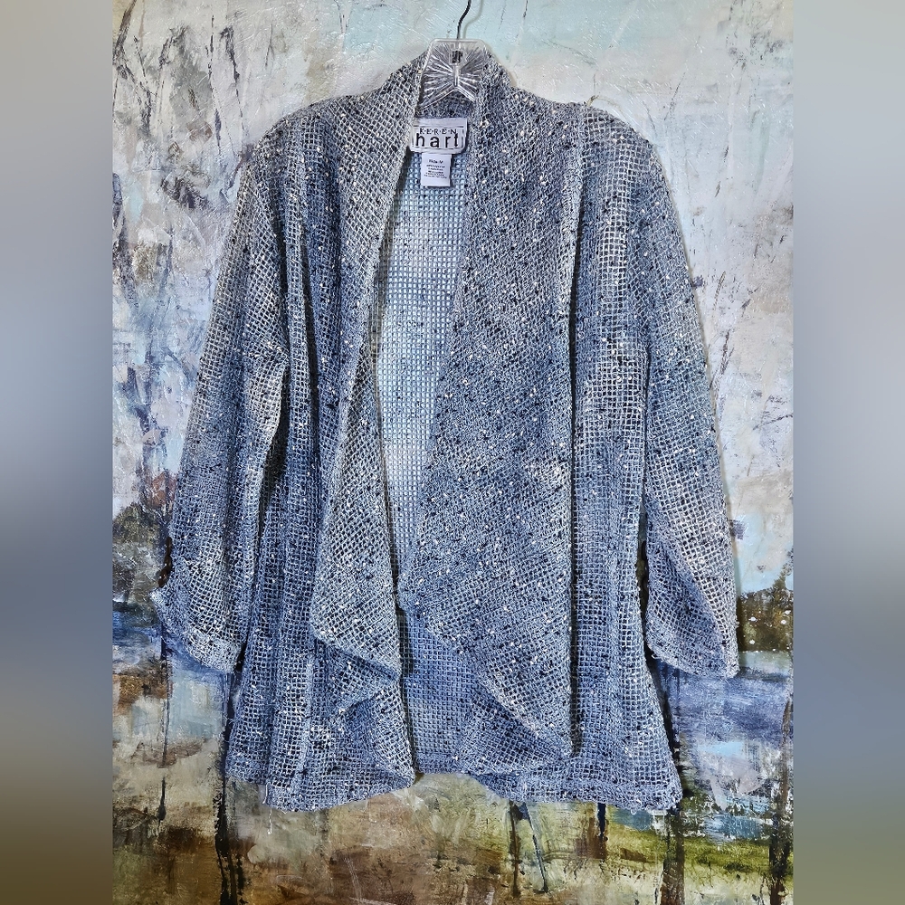 Karen Hart Open Front Mesh Crochet Knit Cardigan Speckled Blue Gray W's Sz M